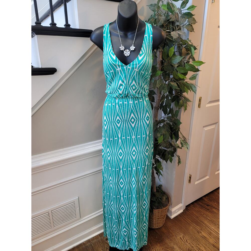 The Addison Story Maxi Dress Women's Medium Aqua White Diamond Deep V-Neck Party